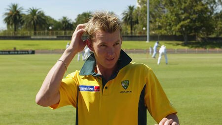 Brett Lee models the retro uniform Australia will wear against New Zealand in their Twenty20 match.
