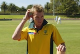 Brett Lee models the retro uniform Australia will wear against New Zealand in their Twenty20 match.