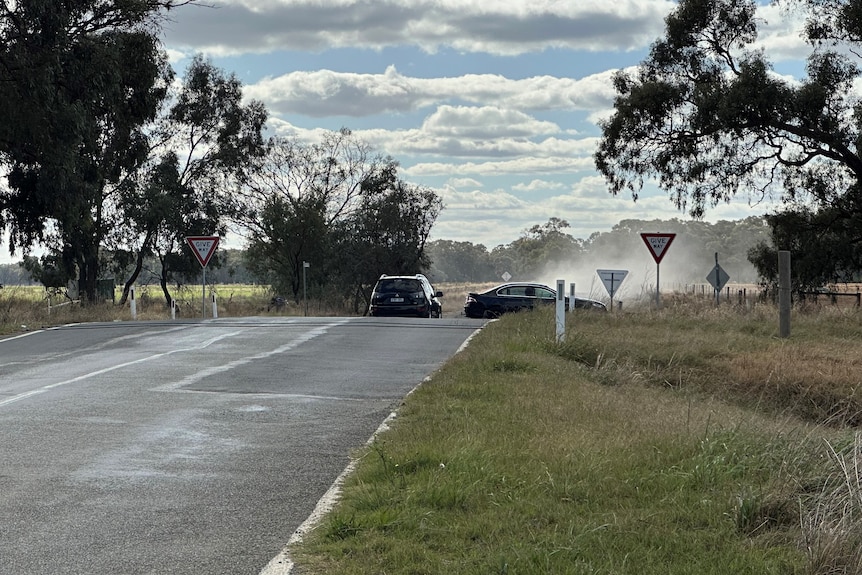 Two cars are partially visible at an intersection, with a crest in the road 