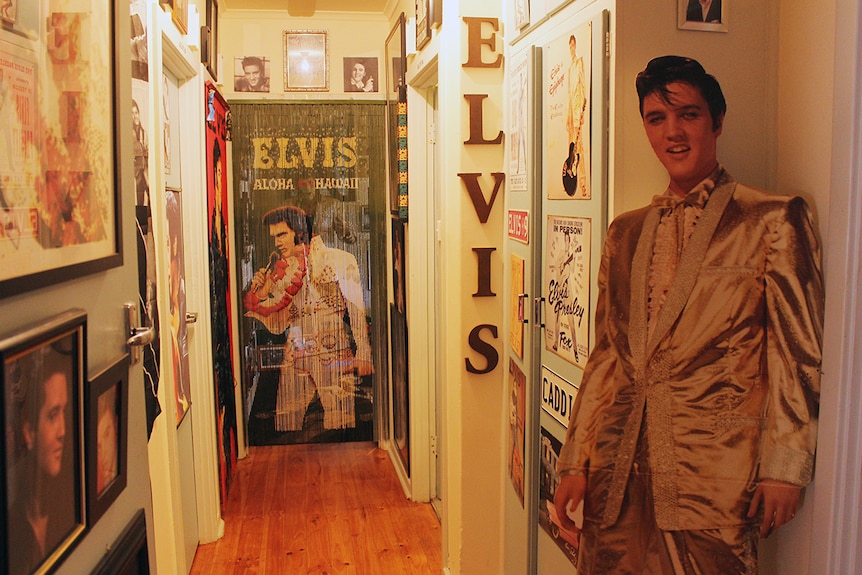 A hallway full of Elvis memorabilia.