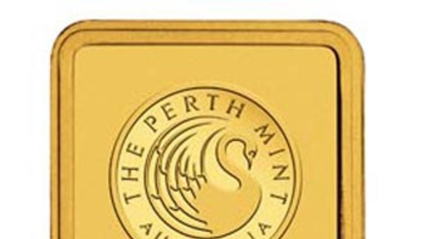The gold bars are stamped with jumping kangaroos and the Perth Mint's swan logo.