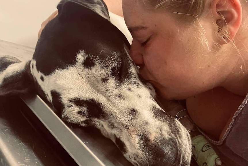 A woman leans over a dog and kisses him