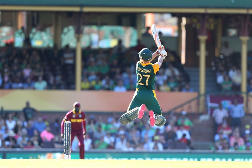 South African Rilee Rossouw hits an unorthodox shot against the West Indies at the SCG.