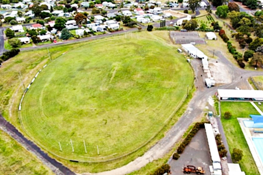Drone shot of Nangwarry Oval and surrounding homes