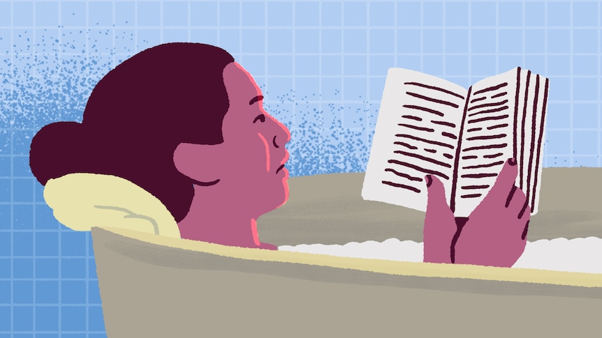An illustration of a woman reading a book in the bath.