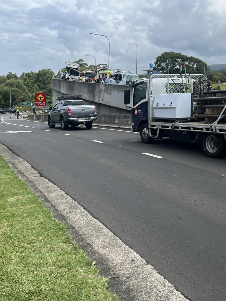 Road ramp with multiple emergency vehicles on site