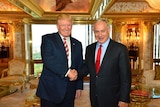 Trump and Netanyahu shake hands in a gilded apartment.
