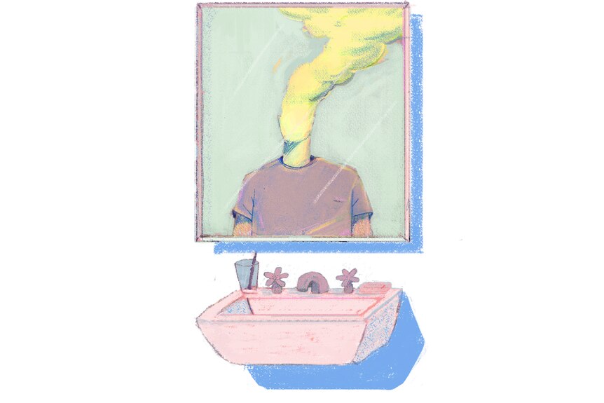 Illustration of a man's reflection on the mirror whose head is replaced by toxic fumes, representing toxic masculinity.