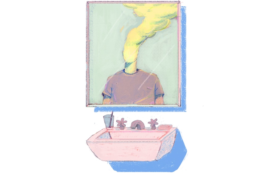 Illustration of a man's reflection on the mirror whose head is replaced by toxic fumes, representing toxic masculinity.