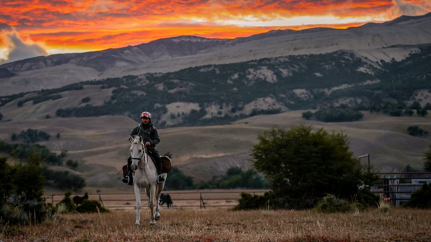 A rider on a white horse with mountains and a red sunrise in the background.