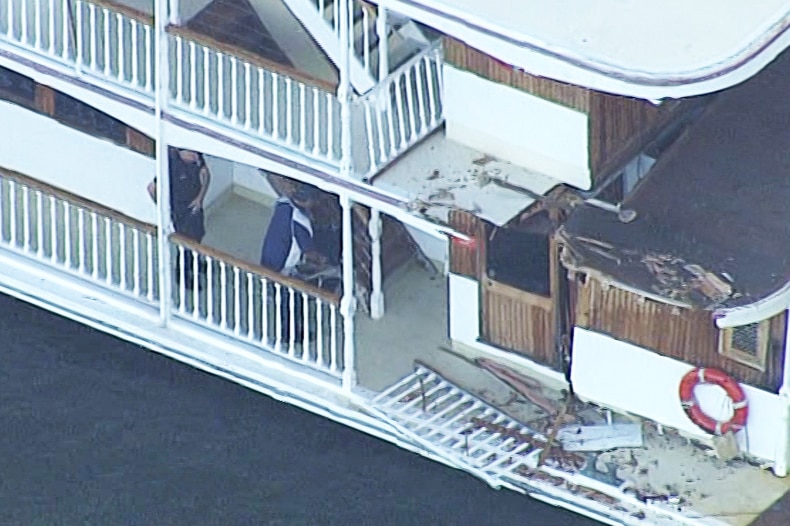 Aerial photo of Paddle Steamer Kookaburra Queen Two with smashed railings.