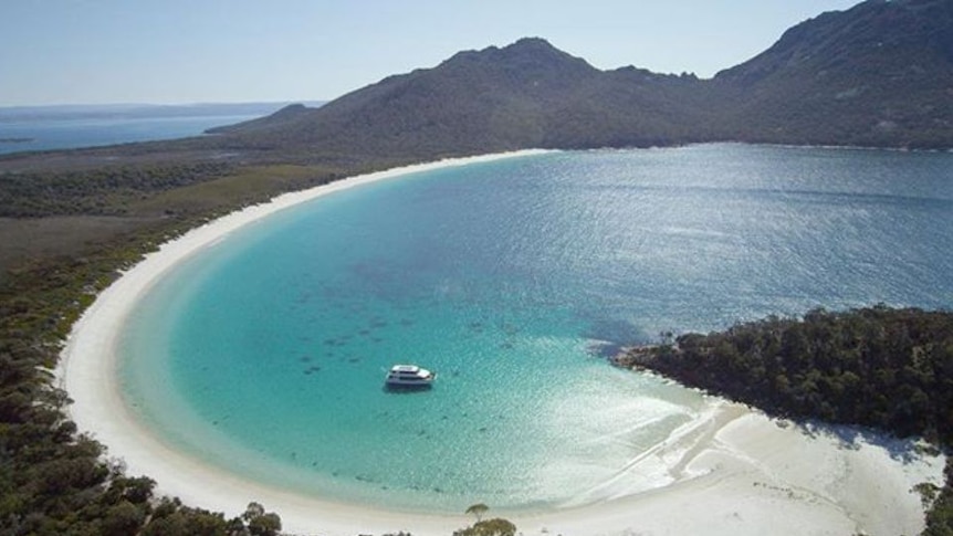 View of a curved bay with bright blue water, white sand and green trees behind the beach