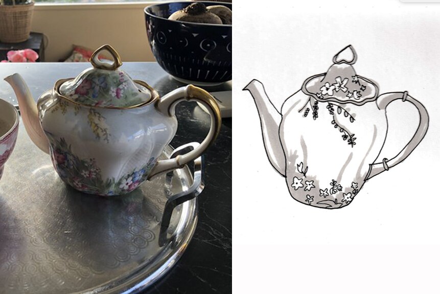 An ornate floral teapot on silver tray next to a black and white sketch of the teapot.