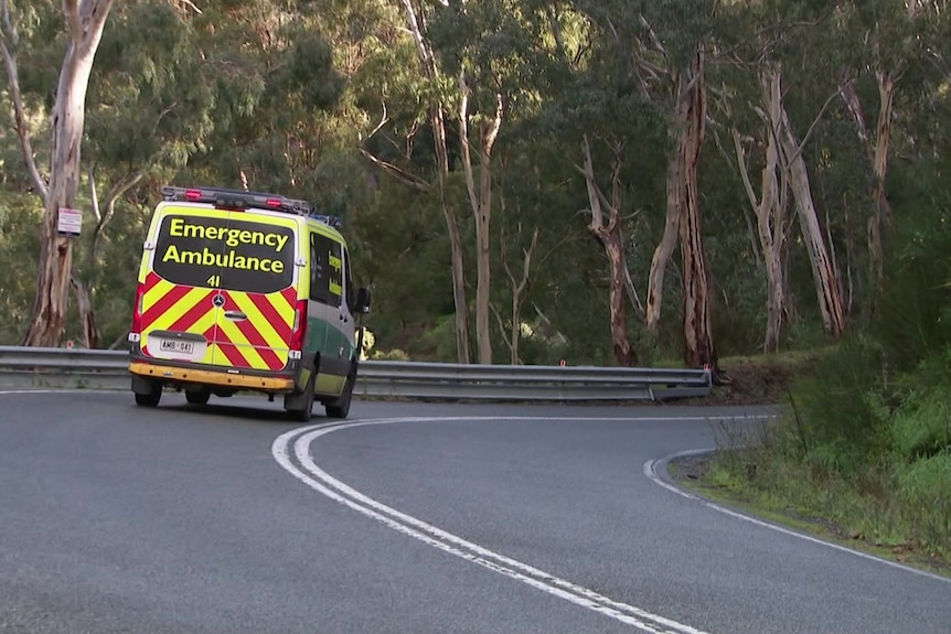 An ambulance drives away around a corner on an empty road lined with trees