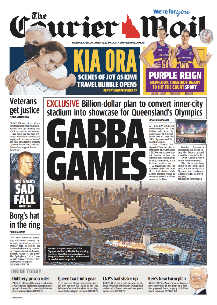 The front cover of the Courier Mail with news of the Gabba redevelopment.