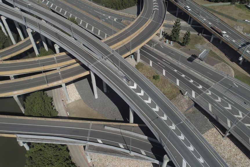 Drone aerial photo of inner-city bypass tangle of roads at Bowen Hills in Brisbane on May 1, 2020.