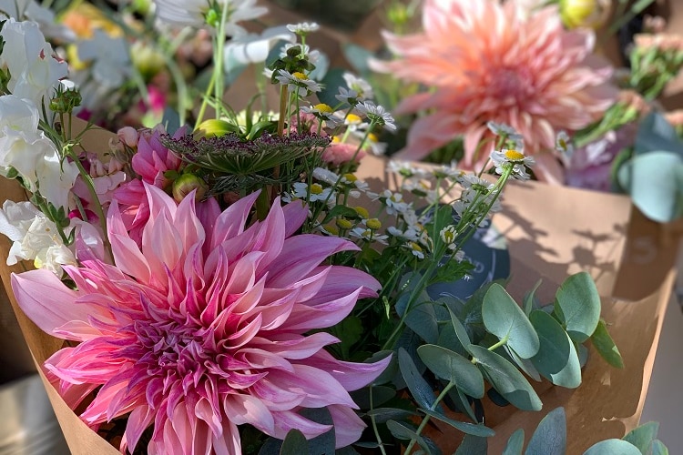 Close up photo of bouquets of flowers