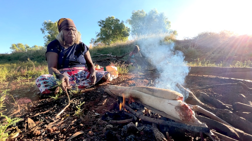 An Indigenous woman cooks kangaroo tails on a campfire. 
