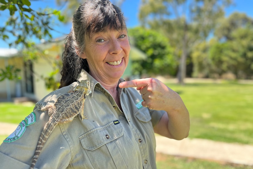 A woman with a brown ponytail in khakis points to a bearded dragon lizard on her shoulder