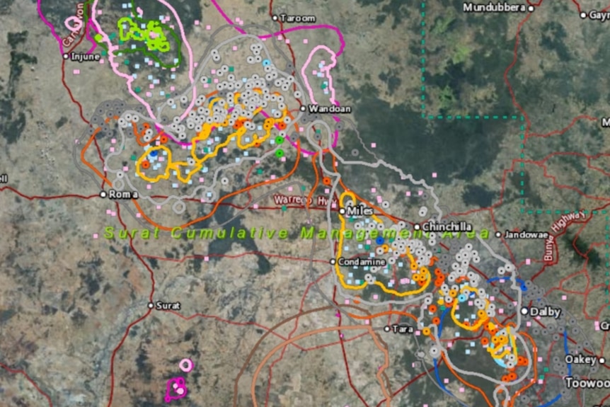 A coloured map of bores that will possibly be affected by CSG extraction in Queensland's Surat Basin.