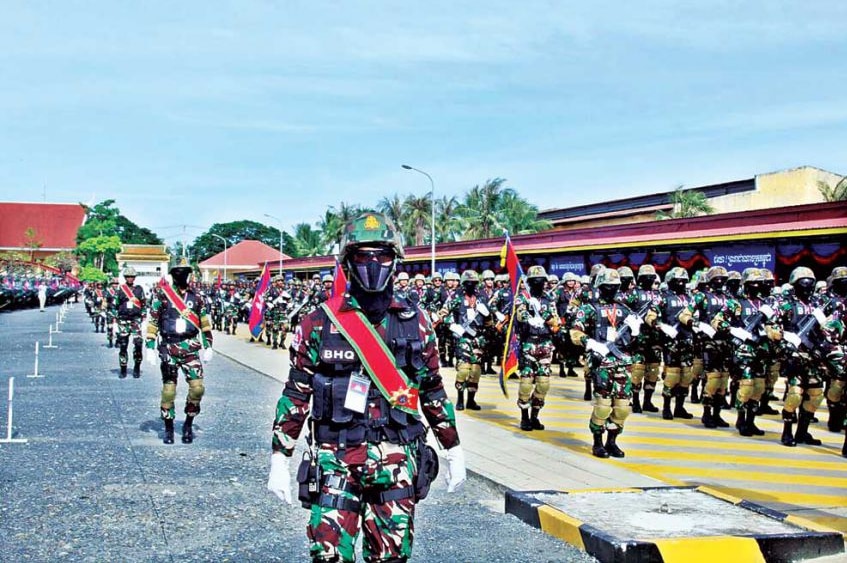 Members of Hun Sen’s personal bodyguard unit stand in formation.