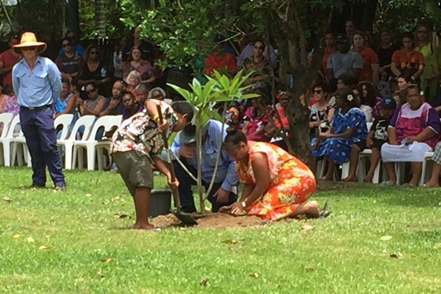 Relatives help plant frangipani tree at the now-demolished house site where eight children were found dead in Cairns