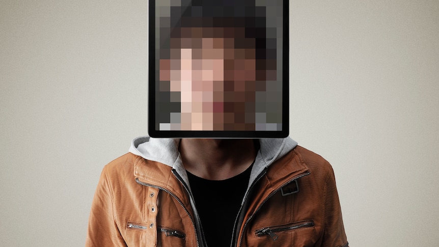 A man's face is pixellated by a screen