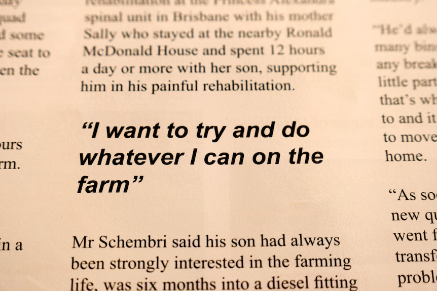 a photo of a newspaper shows a quote saying "I want to try and do whatever I can on the farm"