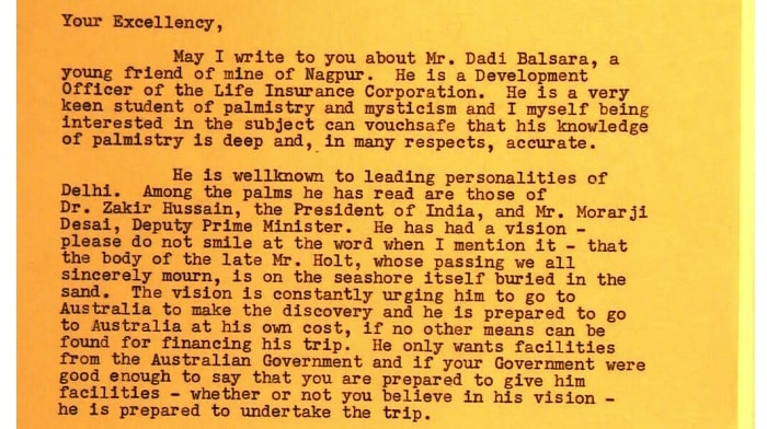 A letter from an Indian MP recommending an Indian mystic to find Harold Holt.
