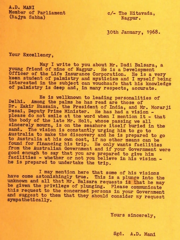 A letter from an Indian MP recommending an Indian mystic to find Harold Holt.