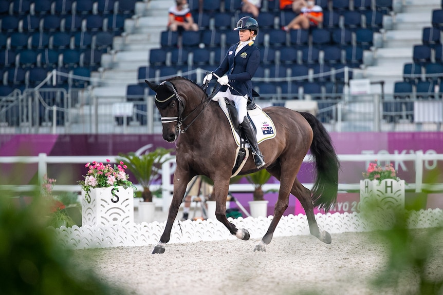 A woman rides a dark brown horse in a sand arena inside a stadium 