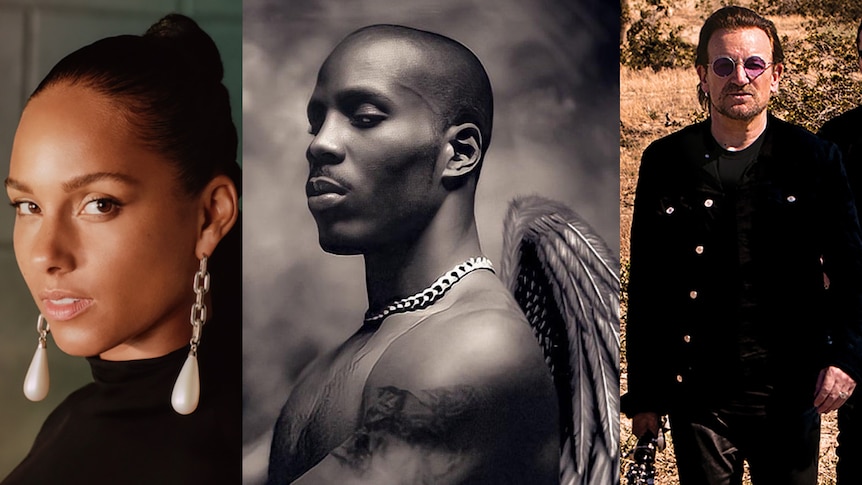 A collage of images of Alicia Keys, DMX and Bono from the band U2