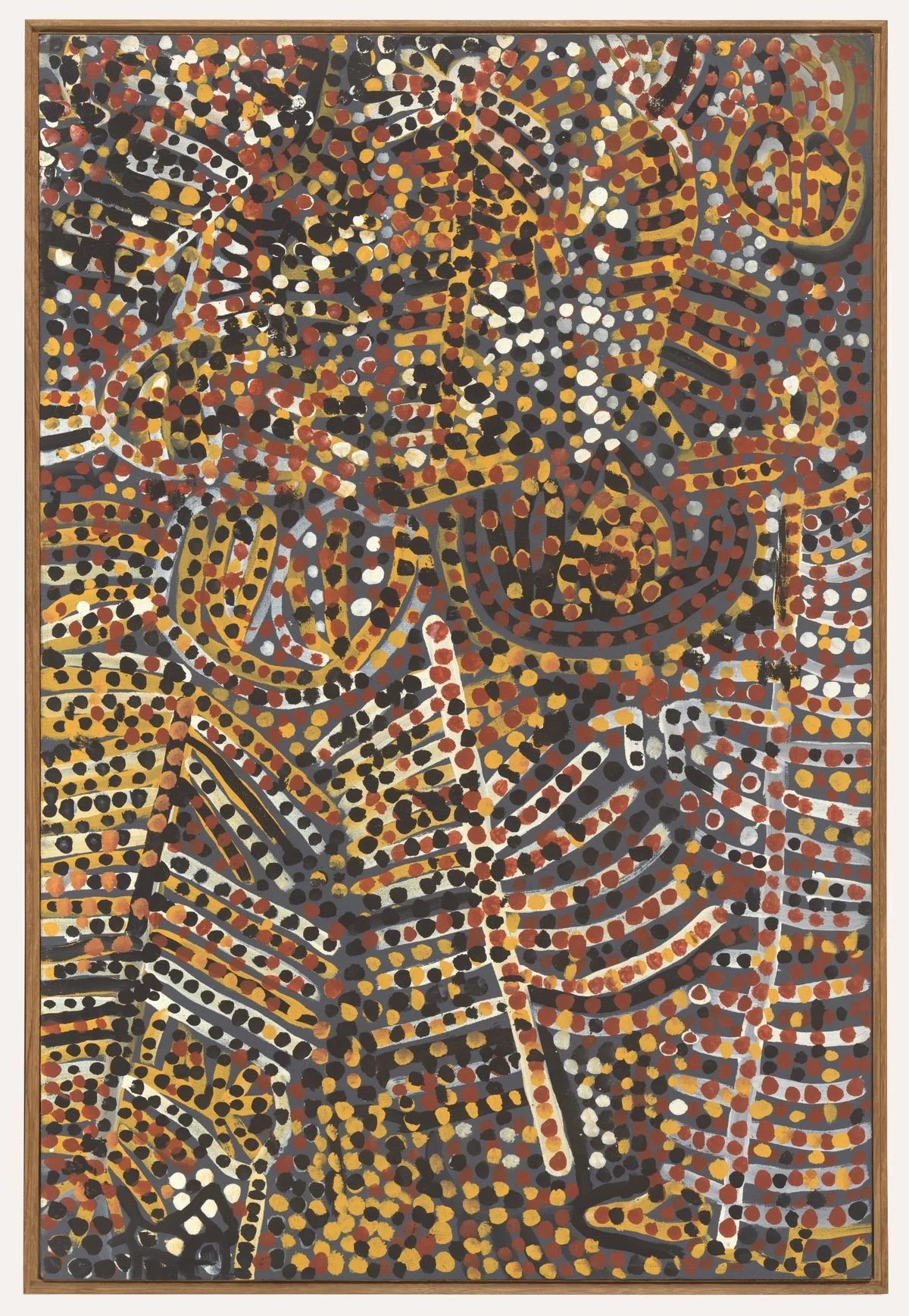 The painting features six rows of repeated, imperfect vertical lines, in earthy colours