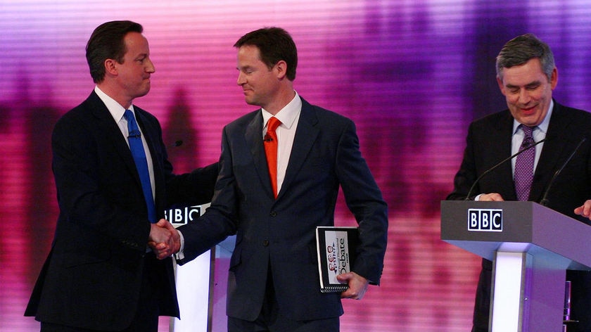 David Cameron shakes hands with Nick Clegg at a TV debate during the campaign