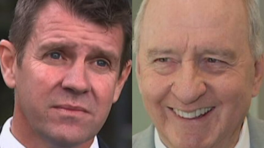 An image New South Wales Premier Mike Baird beside an image of radio host Alan Jones.