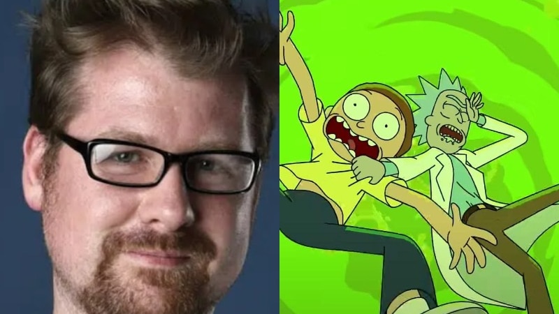 A composite image of Justin Roiland and a TV still from Rick and Morty