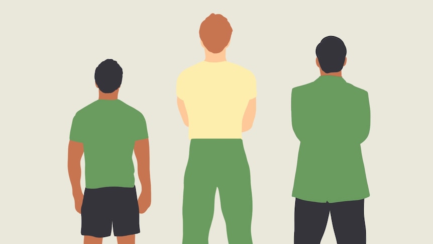 an illustration of three men with differing heights for a story on how being shorter impacts men