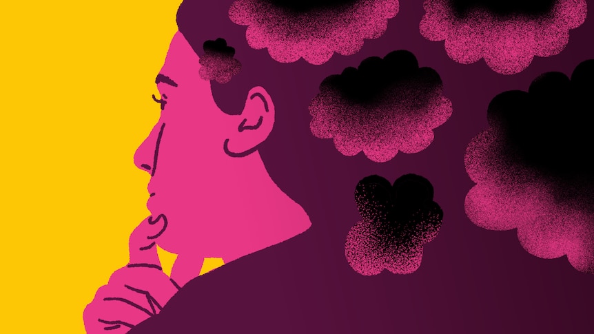 Pink, yellow and black illustration of a woman holding her chin and thinking, black clouds forming over her hair and head.