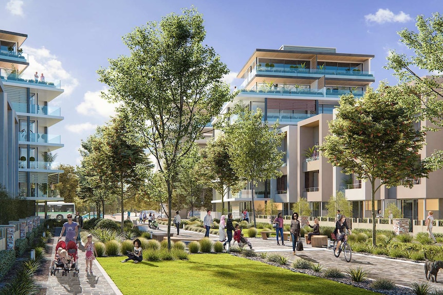 An artist's impression of an urban infill precinct in Joondalup, showing low-rise apartment buildings either side of a park.