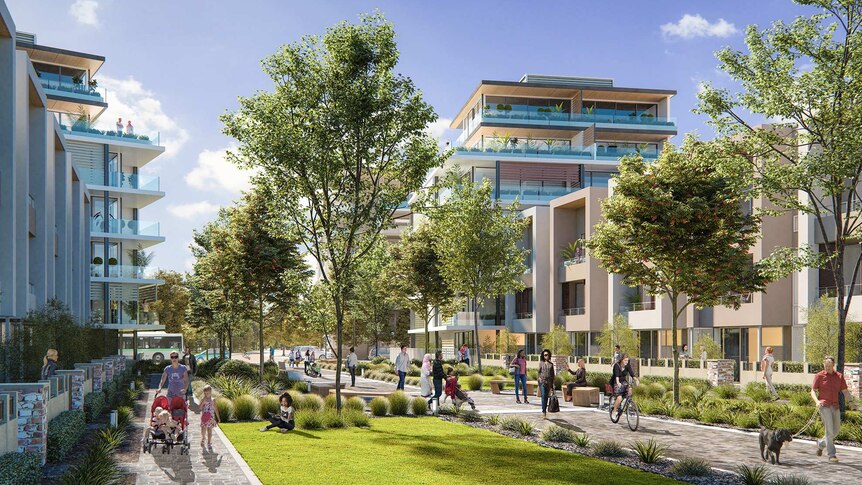 An artist's impression of an urban infill precinct in Joondalup, showing low-rise apartment buildings either side of a park.