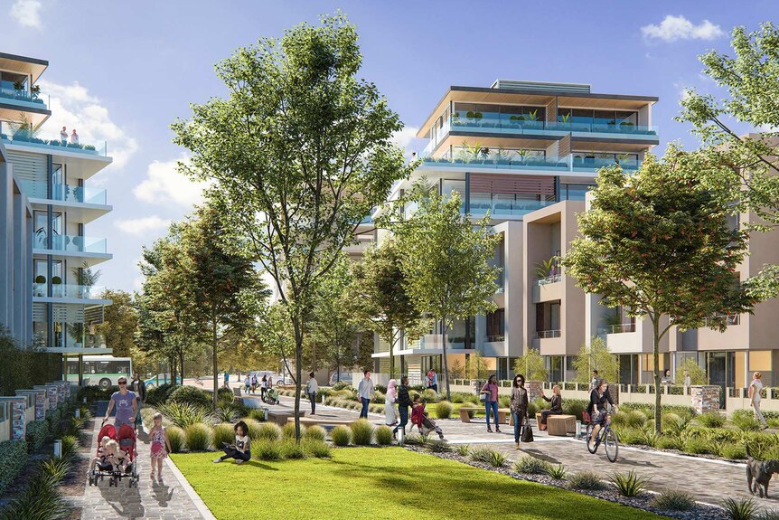 An artist's impression of an urban infill precinct in Joondalup, showing low-rise apartment buildings either side of a park.