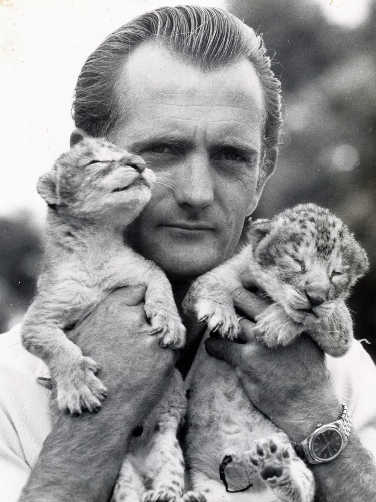 John Gilbertson with lion cubs