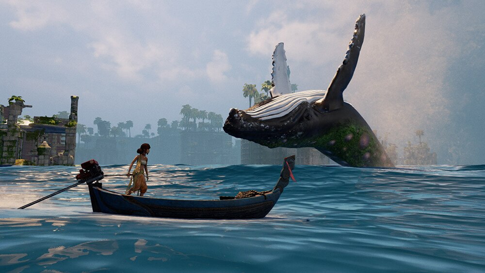In a scene from a video game a girl stands in boat with outboard motor in flooded landscape and watches jumping whale.
