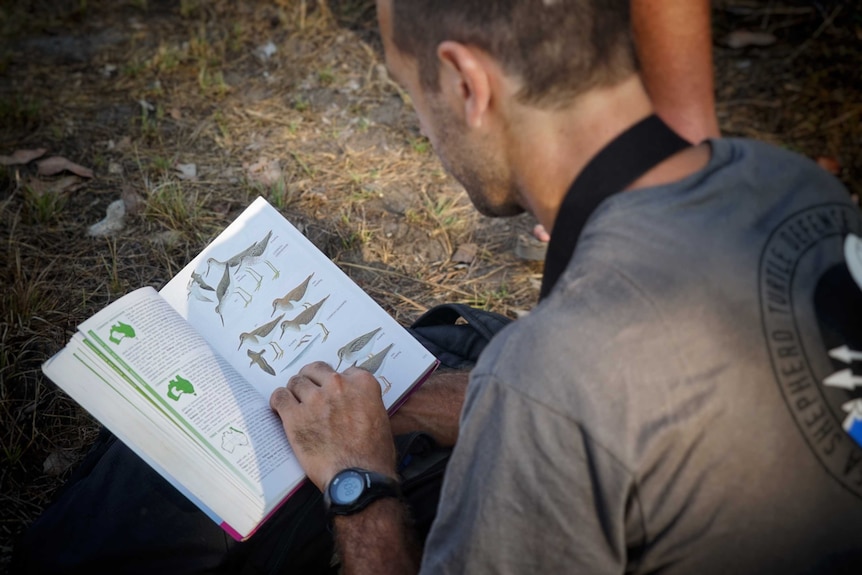 A birder consults a field guide