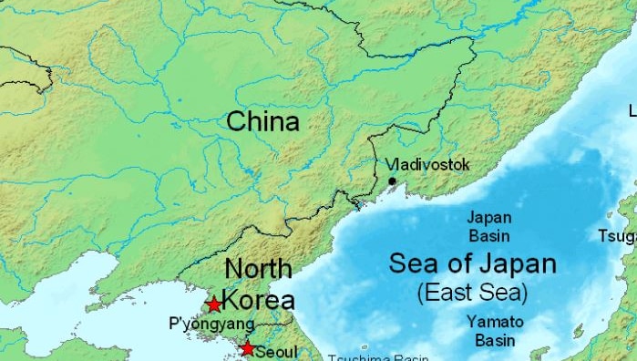 Image of map including North Korea and China