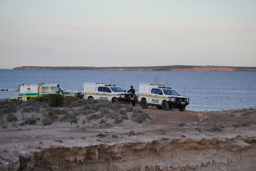 Two police vehicles and an ambulance parked on the sand in front of the ocean