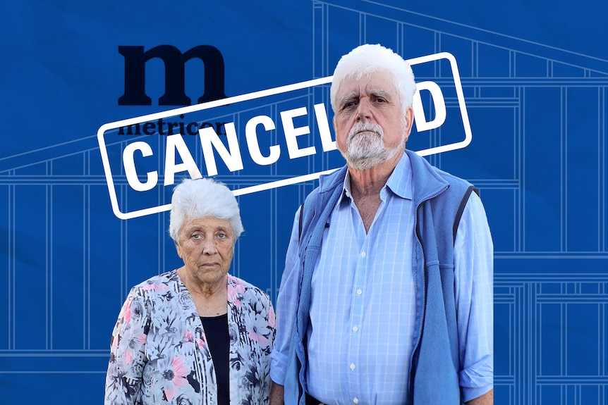 Image of couple in front of cancelled and sign and Metricon label