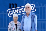 Image of couple in front of cancelled and sign and Metricon label