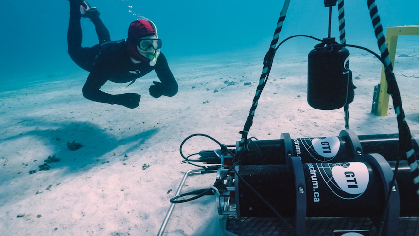 A diver looks at some very large black equipment underwater.