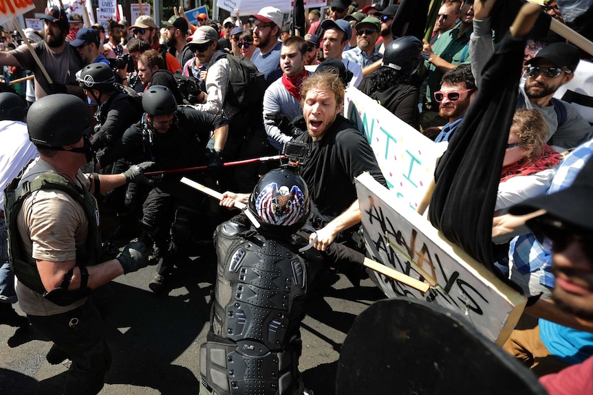 White nationalists, neo-Nazis and members of the 'alt-right' clash with counter-protesters in Charlottesville.